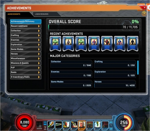 marvel heroes achivements window