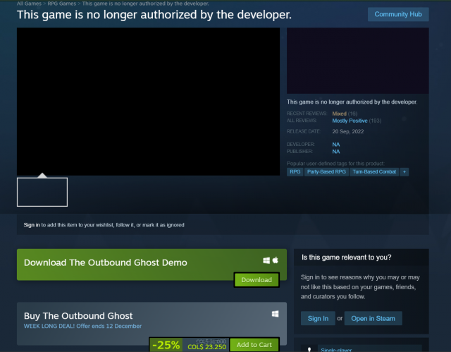 The Outbound Ghost Steam Page